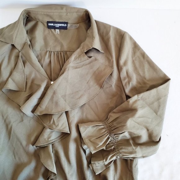KARL LAGERFELD Bell Sleeve Ruffle Olive Green Pearl Button Top XS - Picture 2 of 8